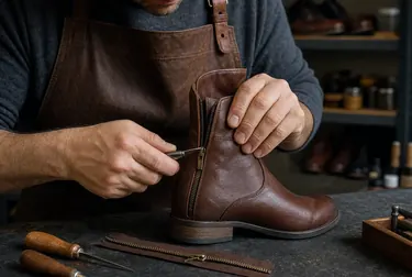 Sapateiro reparando zíper de bota em Parnamirim.